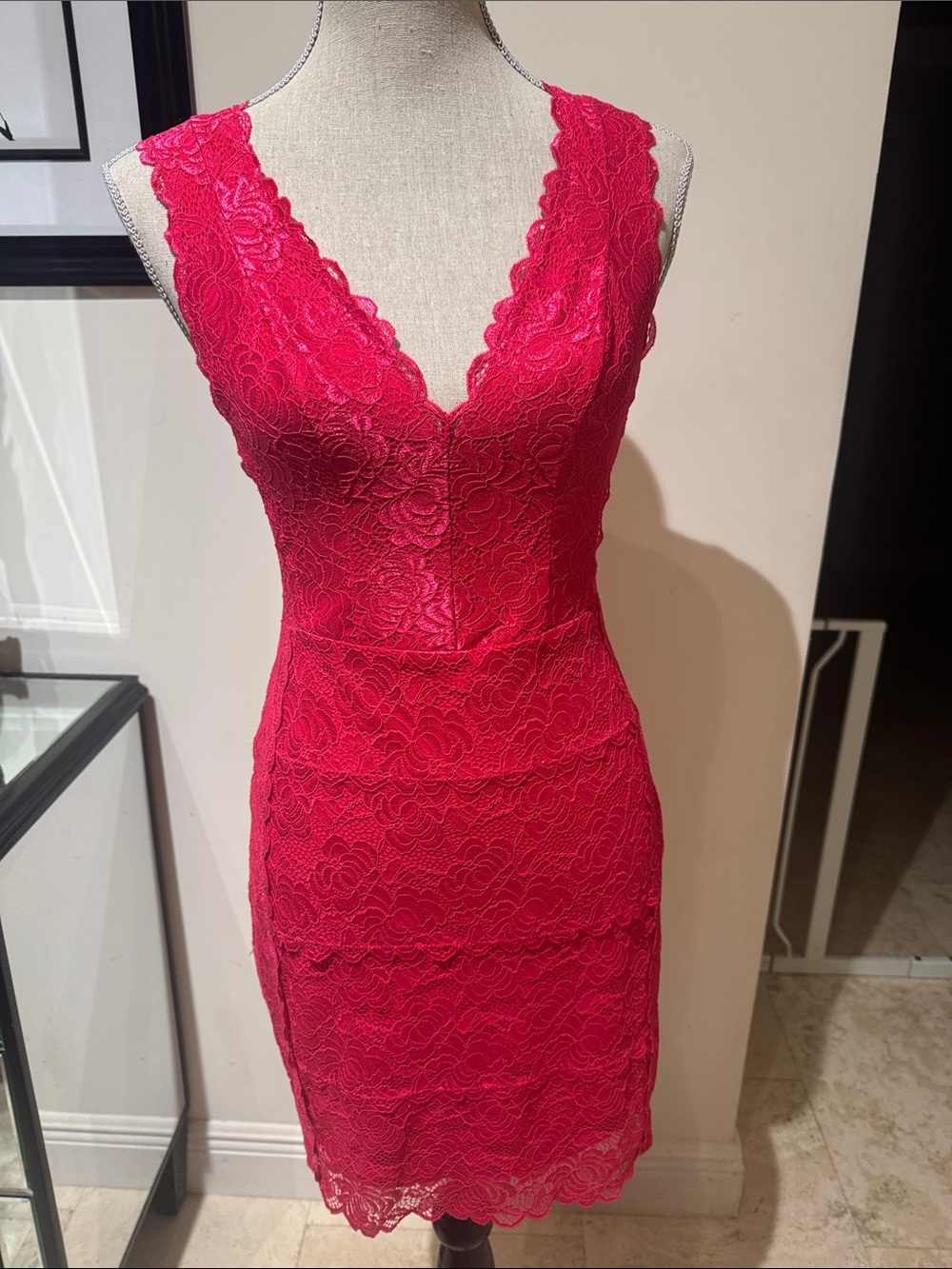 Guess Hot Pink Lace V-Neck Mini Dress